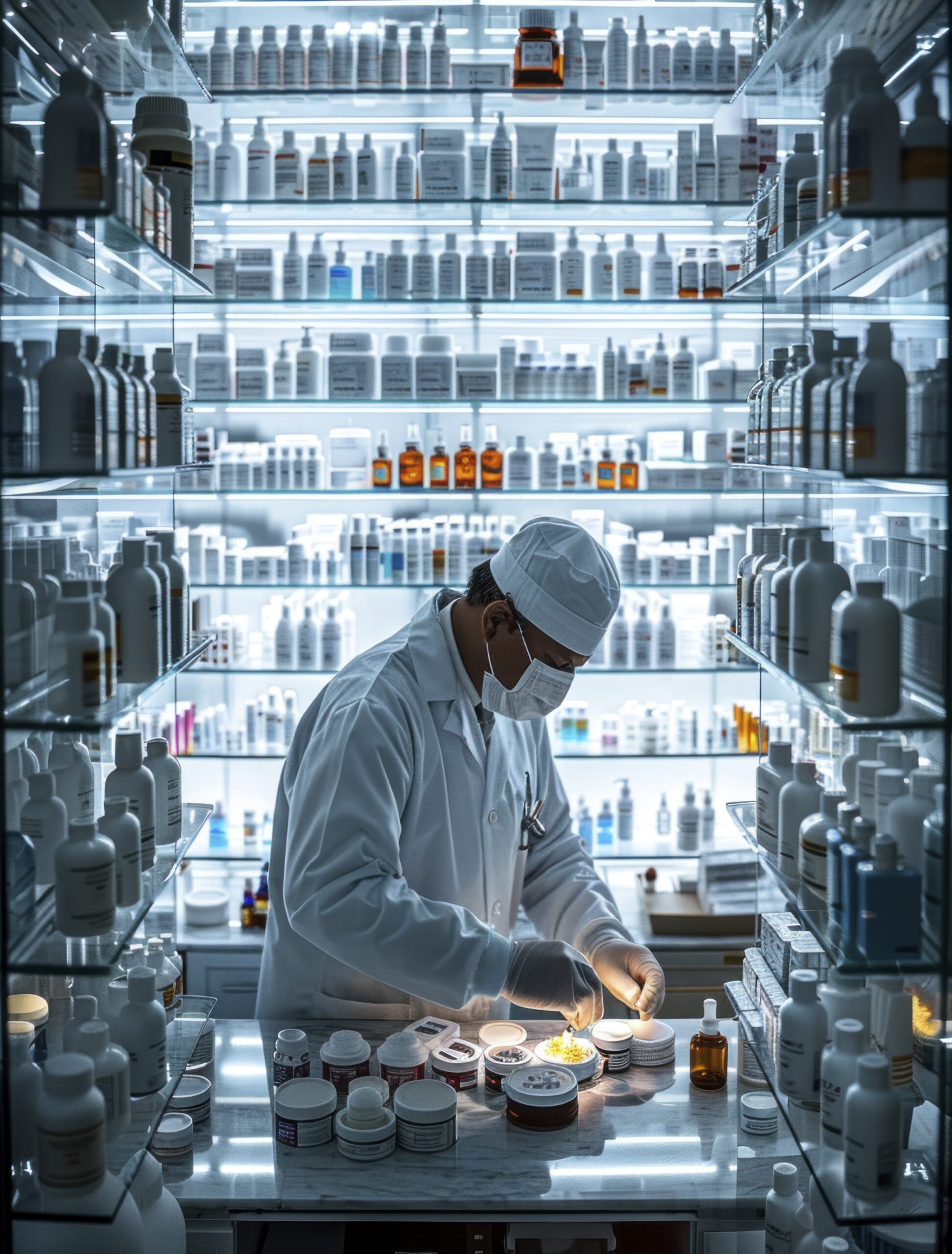 Photo of a pharmacist in a compact pharmacy, preparing a custom medication with precision. The image is taken from a top-down view, showing the pharmacist’s careful work and the small, well-organized workspace. Realistic and cinematic. Award-winning photography. Advertising photography. Commercial photography. --chaos 13 --ar 4:5 --stylize 300 Job ID: 859369c2-19f4-46ea-ae49-4f4d9b062c97